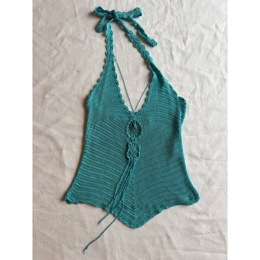 Y2K Bebe Crochet Knit Beaded Halter Top Turquoise